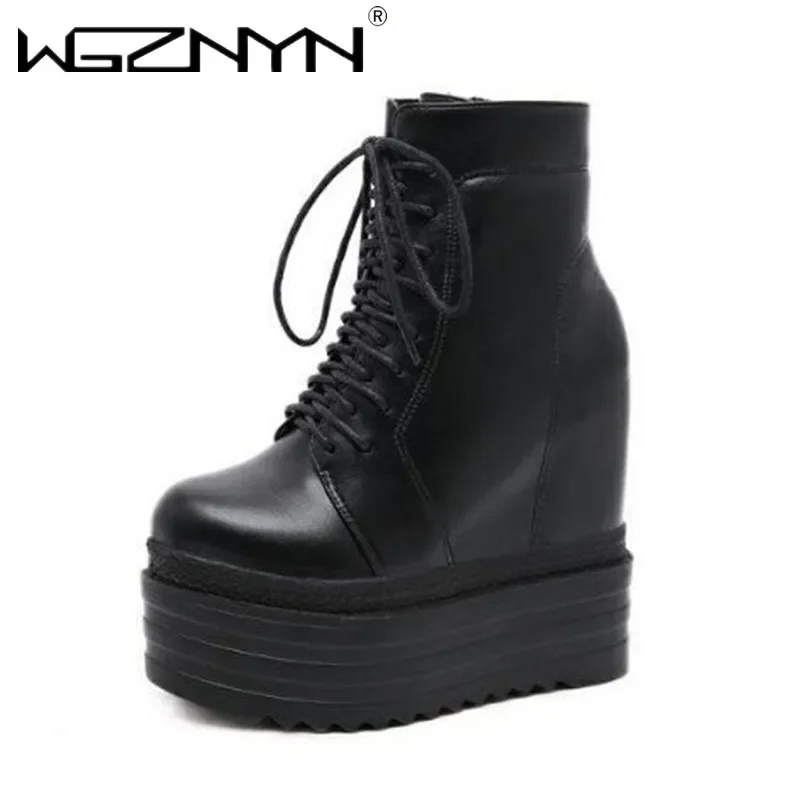 14CM Punk Style Wedges Ankle Boots Black Rubber Sole Shoes Platform Boots Women Lacing Autumn Sexy Lady Platform Heels Sneakers