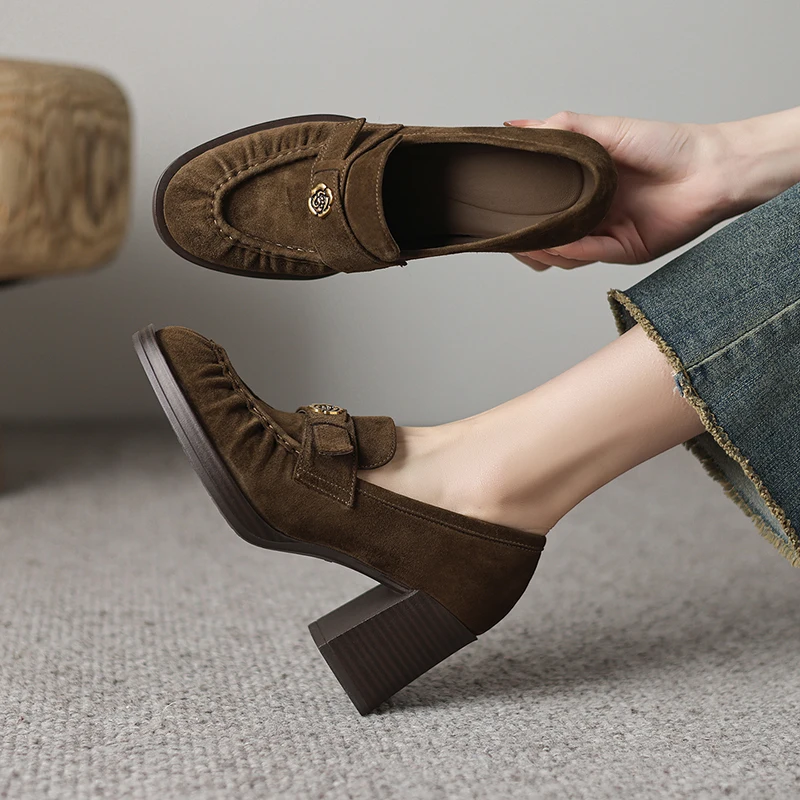 2026 spring summer women pumps natural leather 22-25cm kid suede+sheepskin round toe metal thick high heel women shoes fashion