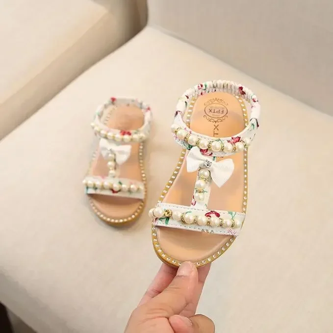 

Summer New Children Beach Sandals Toddler Bowknot Pearl Girl Princess Shoes Baby Fashion Party Flat Kids Shoes Size 21-30