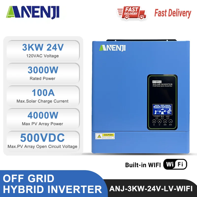 3KW عاكس للطاقة الشمسية الهجين 24V خارج الشبكة MPPT 100A PV 500VDC 50/60 هرتز جهاز التحكم في الشحن بالطاقة الشمسية مع WiFi ﻿