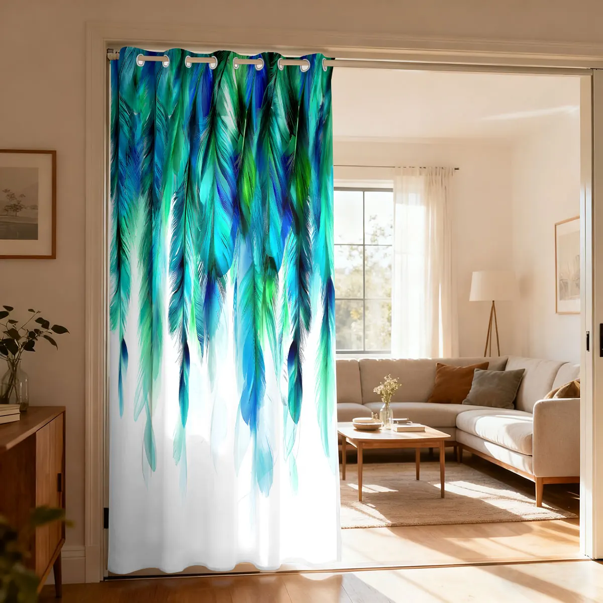 Blue Green Gradient Feather Decor Single Panel Loop Top Curtain 1PC, Hanging Door Curtain For Living Room Bedroom, Fashion Ho