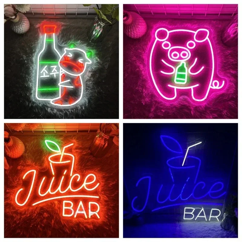 

Juice Bar Korea Neon Sign Wall Art Decor Wine Glass LED Lights USB Bar Neon Pub Club Bar Party Decoration Business Signs