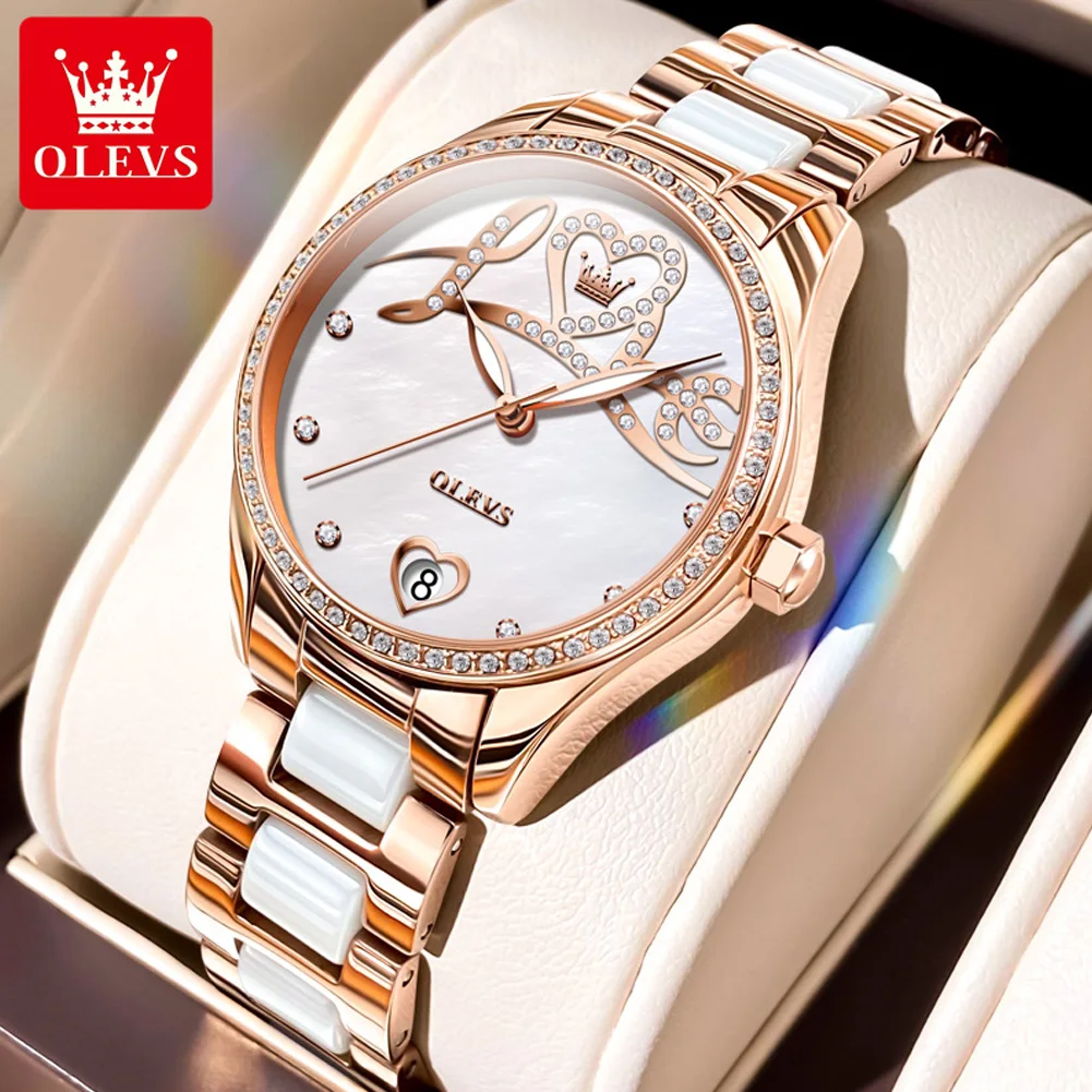 OLEVS 6686 Automatic Mechanical Watch for Women Diamond  “Love” Dial Ceramics Watchband Elegant Ladies Watch Luxury Gift Set