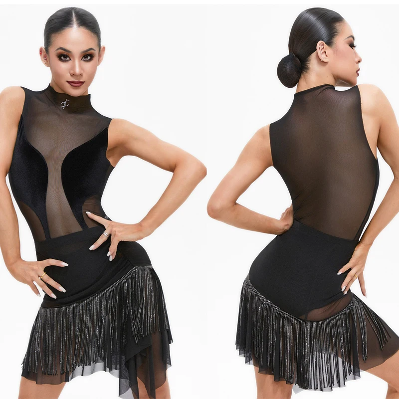 

Сексуальная одежда для латинских танцев, женские костюмы для латинских танцев Samba Chacha, сетчатый топ, юбки с кисточками, костюм для бальных танцев для взрослых, SL13725