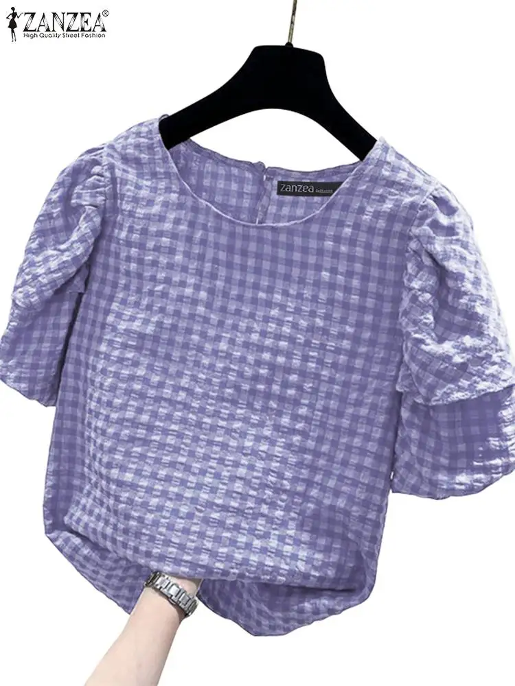 ZANZEA Women Summer Gingham Checked Blouses Casual Short Puff Sleeve O Neck Blusas Leisure Everyday Wear Commute Shirts Tops - Image 5