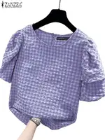 ZANZEA Women Summer Gingham Checked Blouses Casual Short Puff Sleeve O Neck Blusas Leisure Everyday Wear Commute Shirts Tops 5