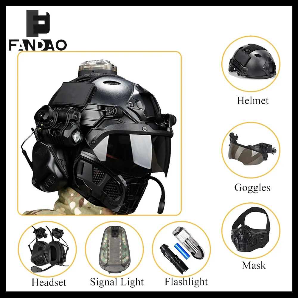 

Airsoft Tactical Helmet Mask Set FAST Paintball Helmet with Headset Goggles Flashlight Signal Light CS Full Face Protection Gear