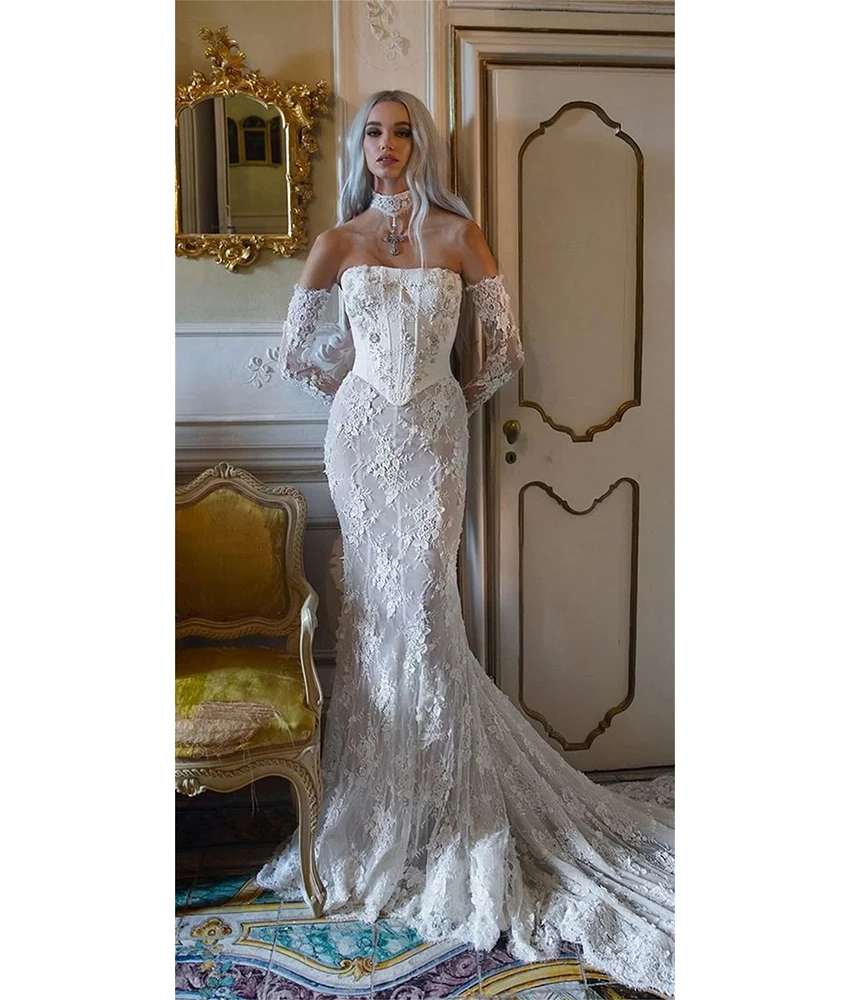 

MCDV Customized Sexy Lace Mermaid Detachable Sleeve Crystal Beading Evening Dress Delicate Strapless Women Wedding Gowns