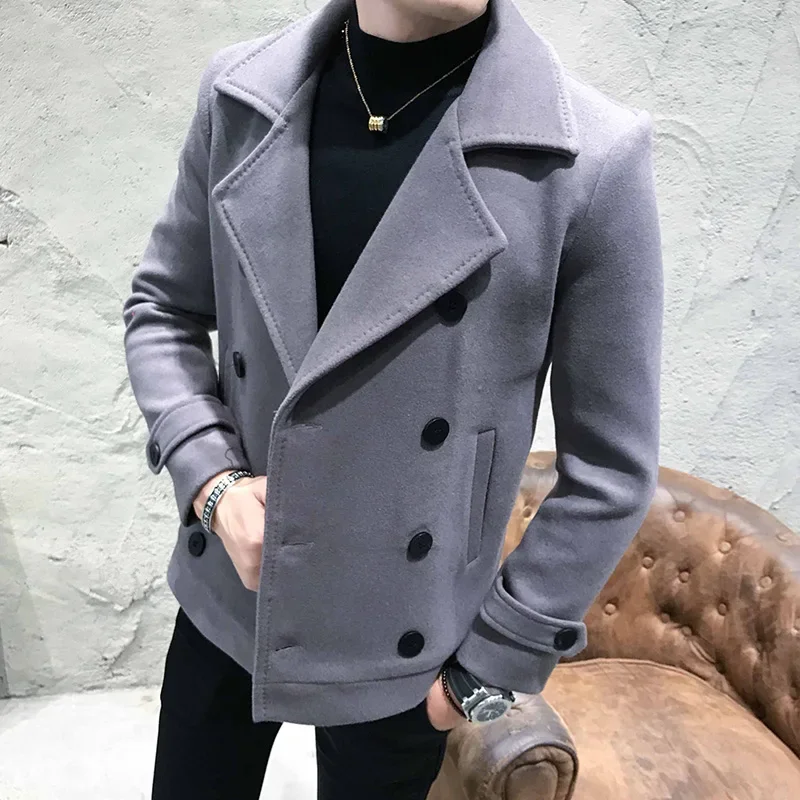 Autumn Winter Men Coat Thick Short Paragraph Solid Color Casual Woolen Coat Double-Breasted Casual Woolen Trench Coat Jacket