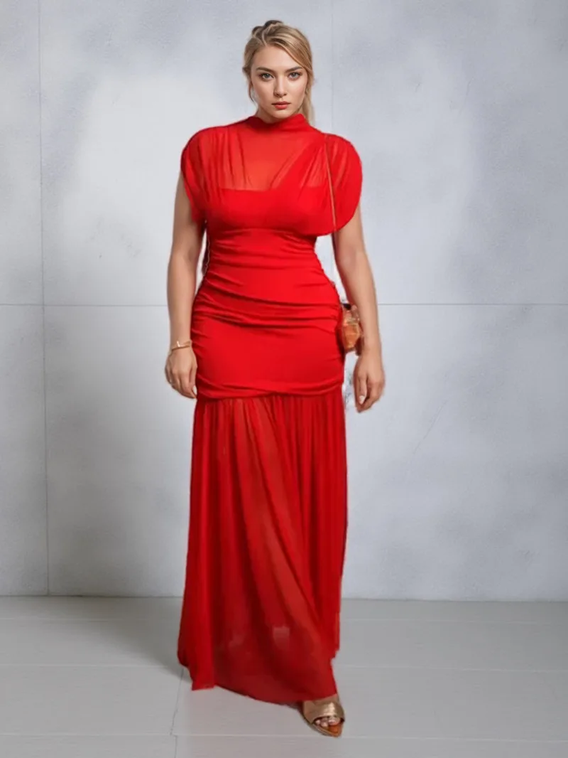 فساتين طويلة أنيقة للحفلات المسائية بطيات حمراء أنيقة بأكمام طويلة فستان ماكسي شبكي مرقع للنساء لقضاء العطلات الصيفية على الشاطئ WR8N