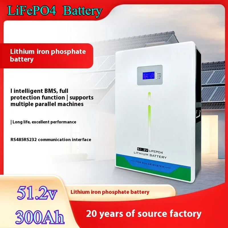 10KWH 300Ah wall-mounted, lithium iron phosphate battery, solar photovoltaic home power supply energy storage battery 51.2V