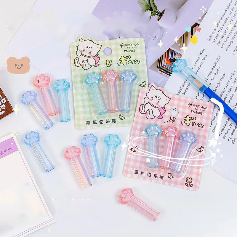 3pcs Cute Cat Paw Pencil Cap Kawaii Transparent Pencil Extender Portable Pen Cover Kids Gift Stationery School Office Supplies