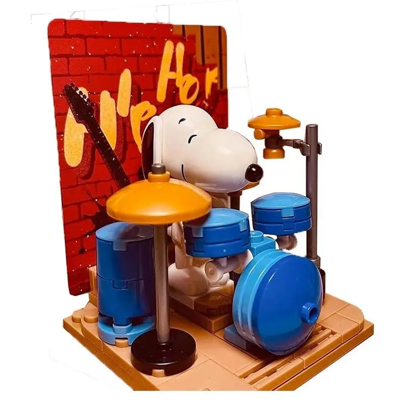 Figurine de boîte aveugle Snoopy, dessin animé Kawaii, café, vue sur la rue, blocs de construction, ornements de guérison émotionnelle, cadeau