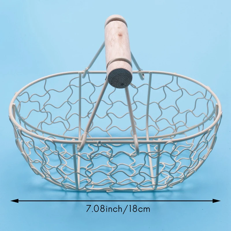 Wooden Handle Metal Retro Basket Portable Multi-Function Vegetable Fruit Egg Groceries Practical Storage Basket Organizer