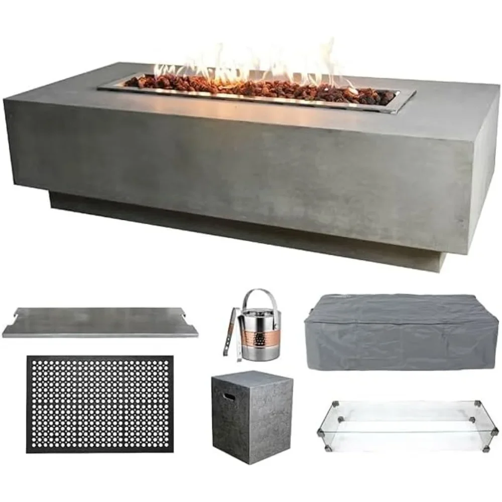 

Outdoor Firepit Set Includes 60” Liquid Propane Concrete Firepit Table, Glass Windscreen, Stainless Steel Cover, Tank Cover