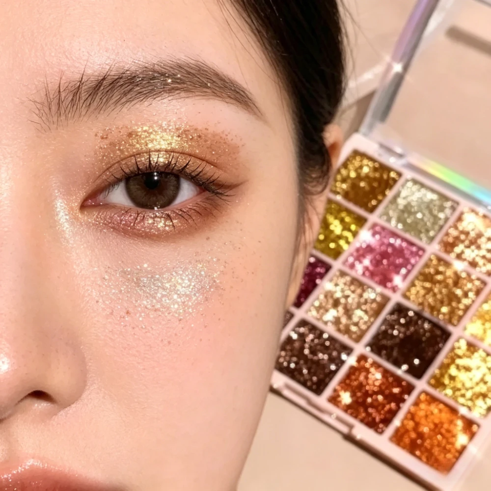 

16Colors Shimmer Eyeshadow Palette Golden Sequins Sparkle Powder Cosmetics for Eye Face Body Stage Party Kids Performance Makeup