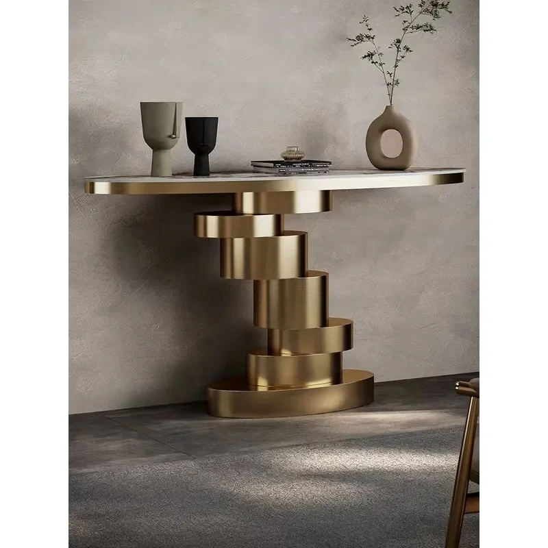 Italian Light Luxury Rock Slab Porch Table Against Wall Foyer Corridor Entry Long Strip Case Stainless Steel End View Table