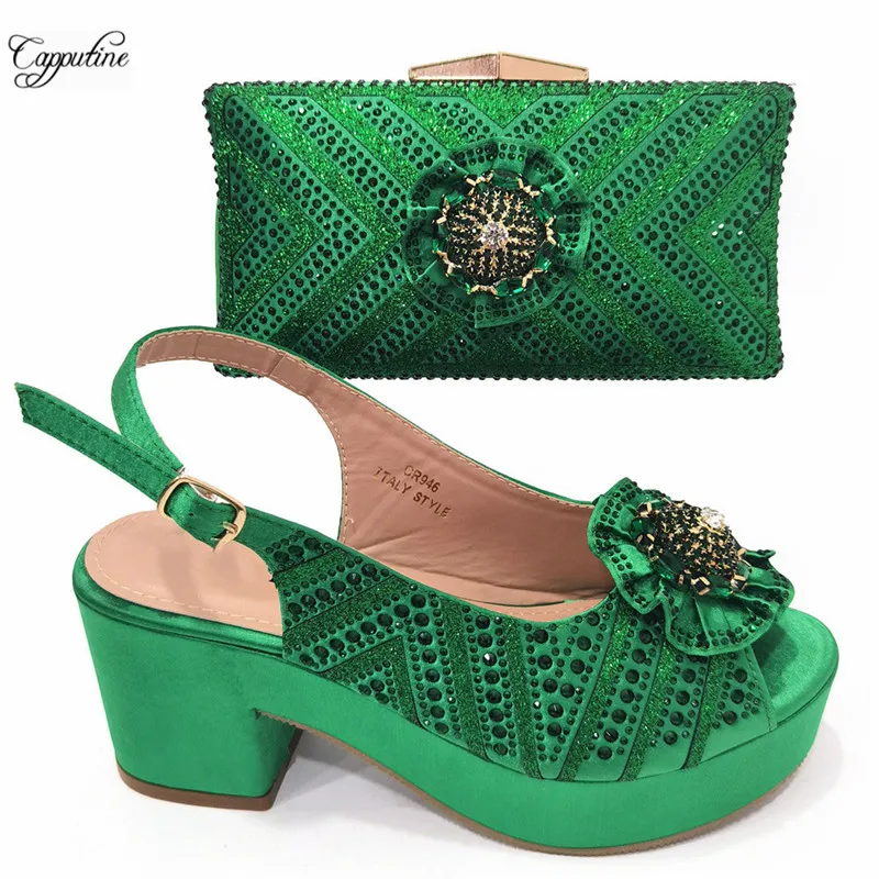 Green African Women Platform Sandals And Bag Set Fashion Summer High Heels Shoes Match With Handbag Pumps Clutch Purse CR950