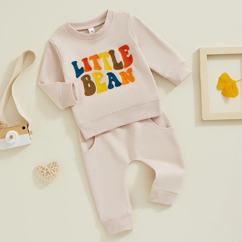 سويت شيرت بأكمام طويلة مطرز بحروف Citgeett وبنطال خصر مرن ، ملابس طفلة وصبي ، ملابس خريفية ، قوس ، خريف