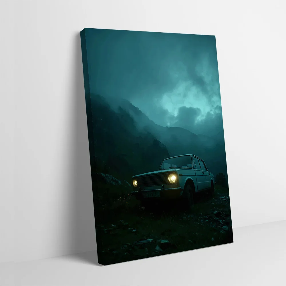 Vintage Car in Misty Mountains Poster Customizable Printed Canvas Painting for Pictures Wall Art Gamer Decoration Wand Deko Room