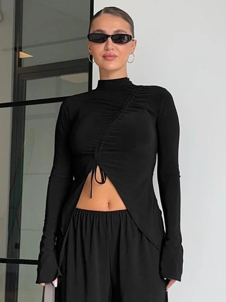 

Long Sleeve T Shirt Women Y2k Clothes Turtleneck Asymmetrical Crop Top Solid Streetwear Shirring Camisetas Slim Ropa De Mujer