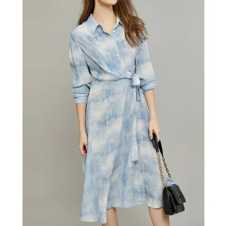 

French Style Denim Blue Silk Shirt Dress High-end Mulberry Silk Dress Heavyweight 2025 Women's New Summer Clothing