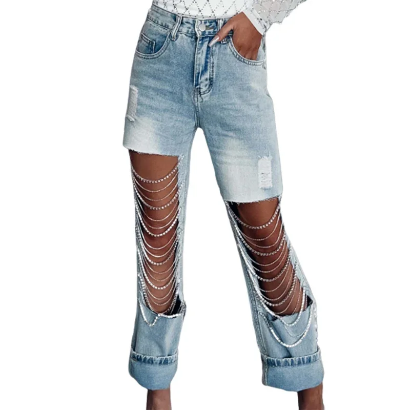 Fashion Big Broken Holes Chain Splicing Decoration Straight Jeans Women New Centre Hollow Out Denim Pants Female Casual Trousers