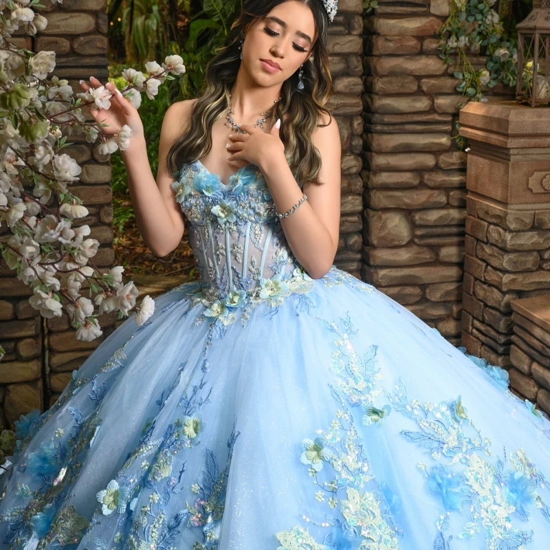 

Sky Blue Quinceanera Dresses Ball Gown Off The Shoulder Applique Flower Beading Crystal Tull Corset Party Birthday Sweet 16 Dres