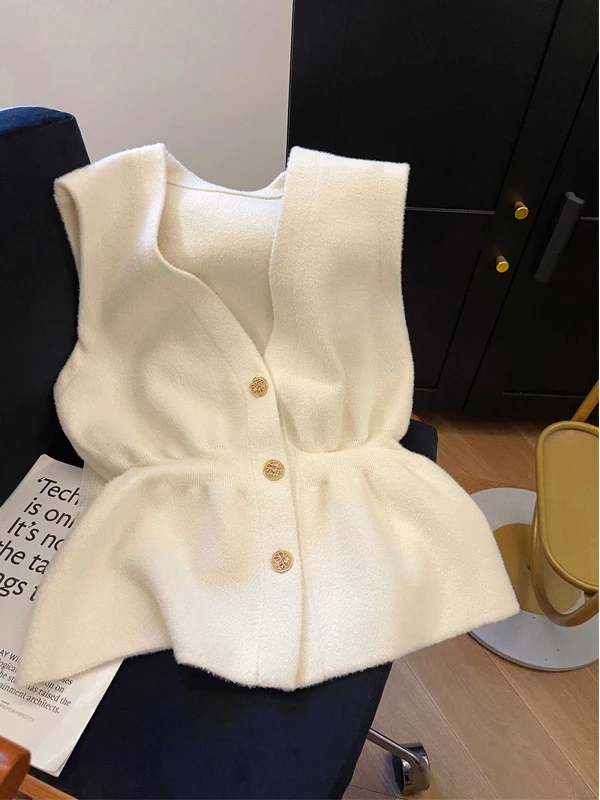 

Ele V-Ne Woolen Vest Women's Faion Layering Outerwear Spring Autumn Slimming Waist Design Casual Loose Fit Top