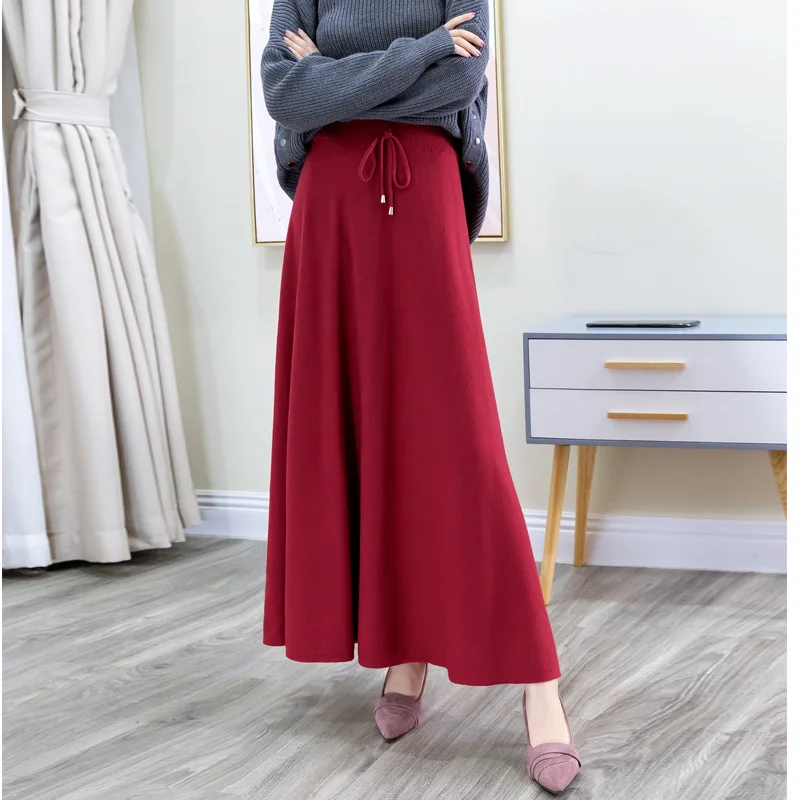 Autumn Winter Blend Red A-line Maxi Long Knitted Skirts with Waist Strings Winter Cashmere Thick  Ankle Long Knit Skirts