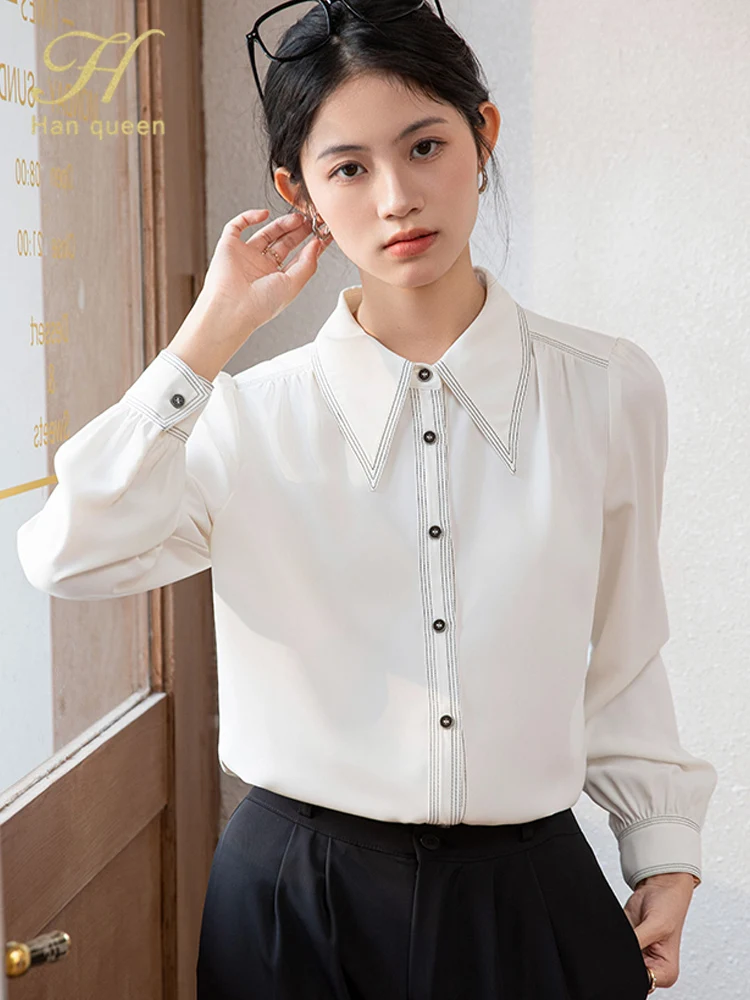 

H Han Queen Autumn Chic White Vintage Work Casual Shirt Vintage Chiffon Women Shirts And Blouses Simple Long Sleeve Tops 2025﻿﻿﻿