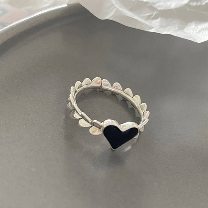 Foxanry Black Drop Glaze Love Heart Rings For Women Girls Simple Classic Sweet Temperament Fashion Cute Engagement Jewelry Gifts