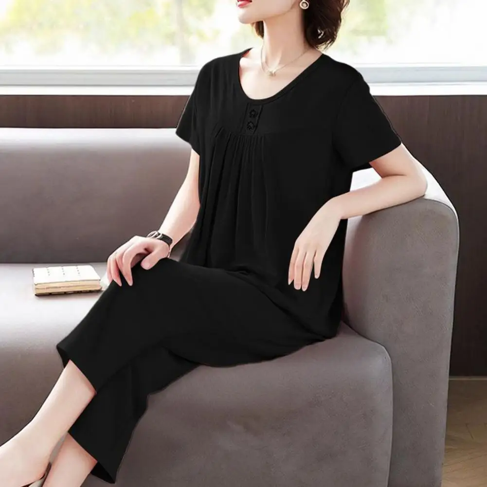 Polyester Fiber Pajamas Women’s 2 Piece Pajama Set Short Sleeve Top Cropped Pants Sleepwear Summer Lounge for Comfortable
