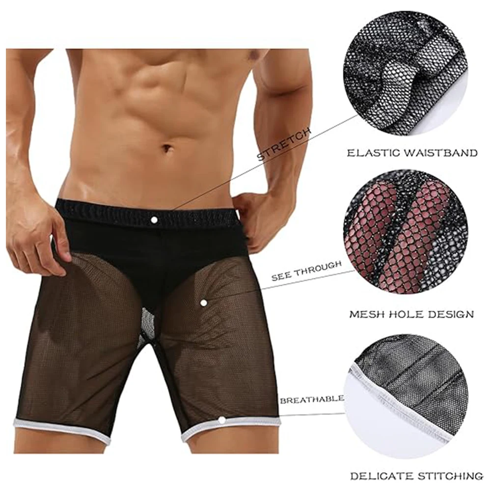ZONBAILON Mens Mesh Shorts Sexy See Through Lounge Hollow Boxer Underwear For Men