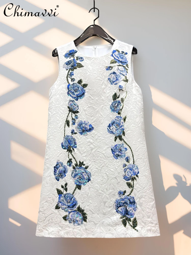 

French Elegant Temperament Dresses Fashion Printed Beaded Sequins Round Neck Sleeveless High Waist A-line Short Dress For Women