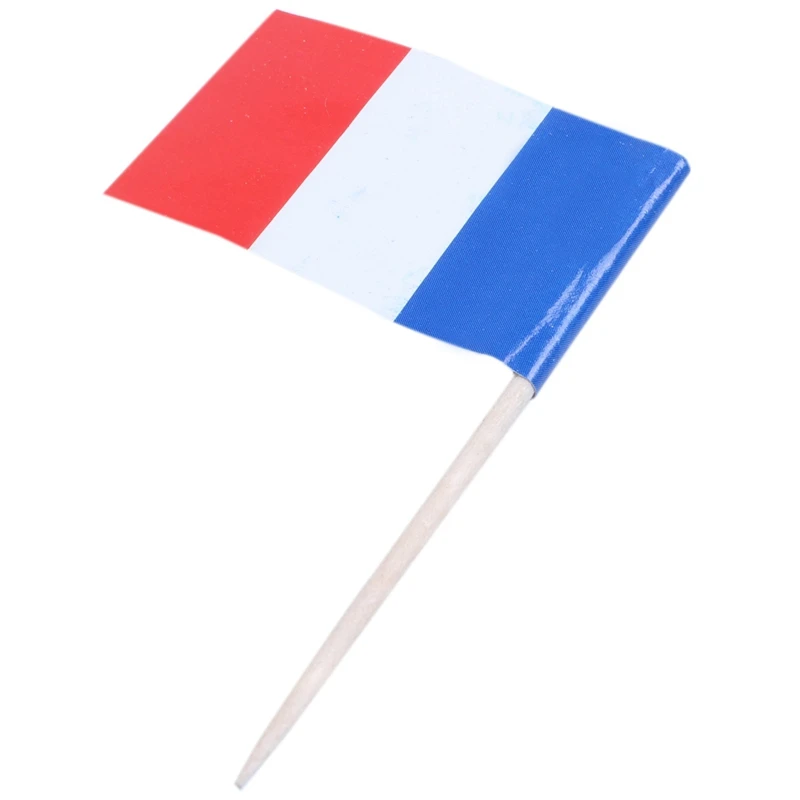 Lot Of 200 Pcs Mini Wooden Toothpick With Flag For Decor Of Party Fruit Pastry - France (Blue, White, Red)