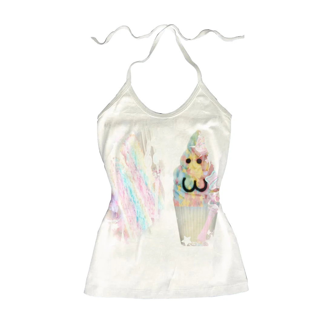 Women White Slim T-Shirt Rainbow Cupcake Ice Cream Cartoon Face Print Tee Kawaii Pastel Harajuku Y2K Streetwear Short Sleeve Cas view 3