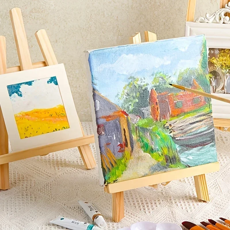 6/12Set Mini Canvases with Easel Painting Art Stretched Canvas Panels Pack Wood Display Easel for Creative Painting Projects