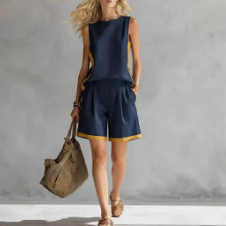 Contrast Color Sleeveless Top and Shorts Set Fashion Casual Two Piece Outfit for Women - Image 4