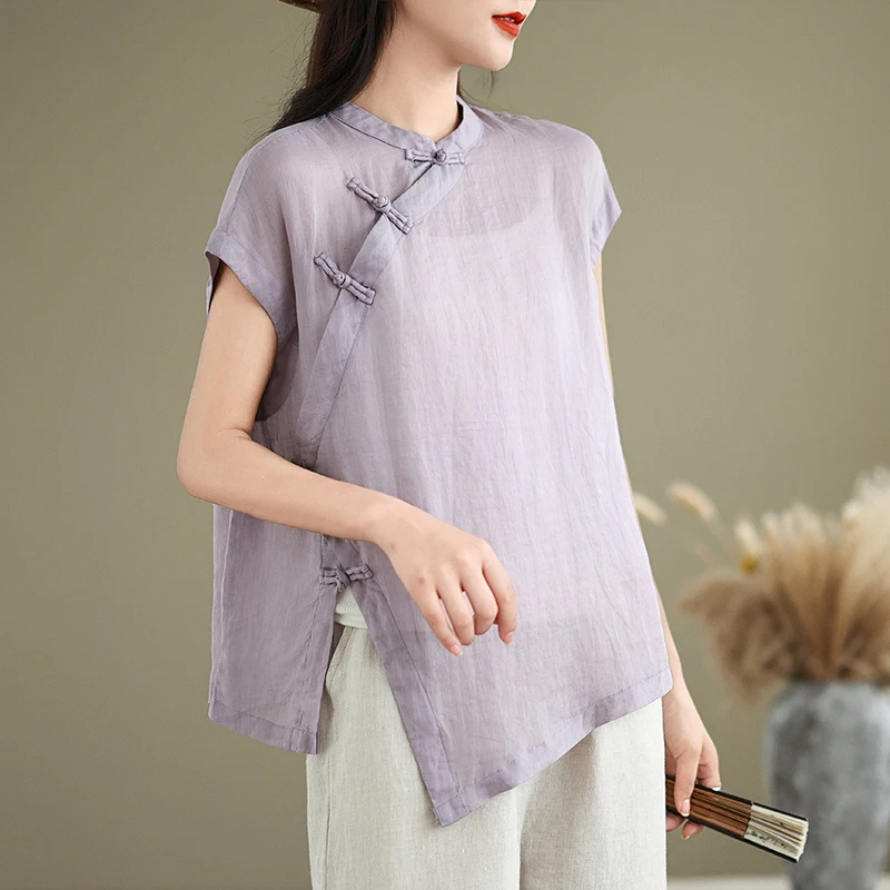 Retro Chinese Sle ort Sve Katoen Linnen irt Dames Zomer Nationale Sle Schuine Kraag Knop Verbeterd tot...