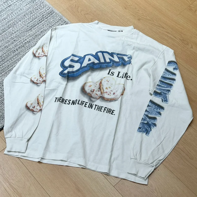 

Saint T Shirt Heart Cookies Printed Mens Womens Long Sleeved Cartoon Washed Do Old Pullover T-shirt