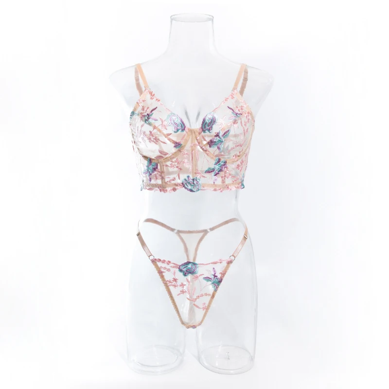 Bikini lingerie set with mesh, transparent embroidery, multi-colored flowers, fishbone corset, underwire push-up bra, two-piece