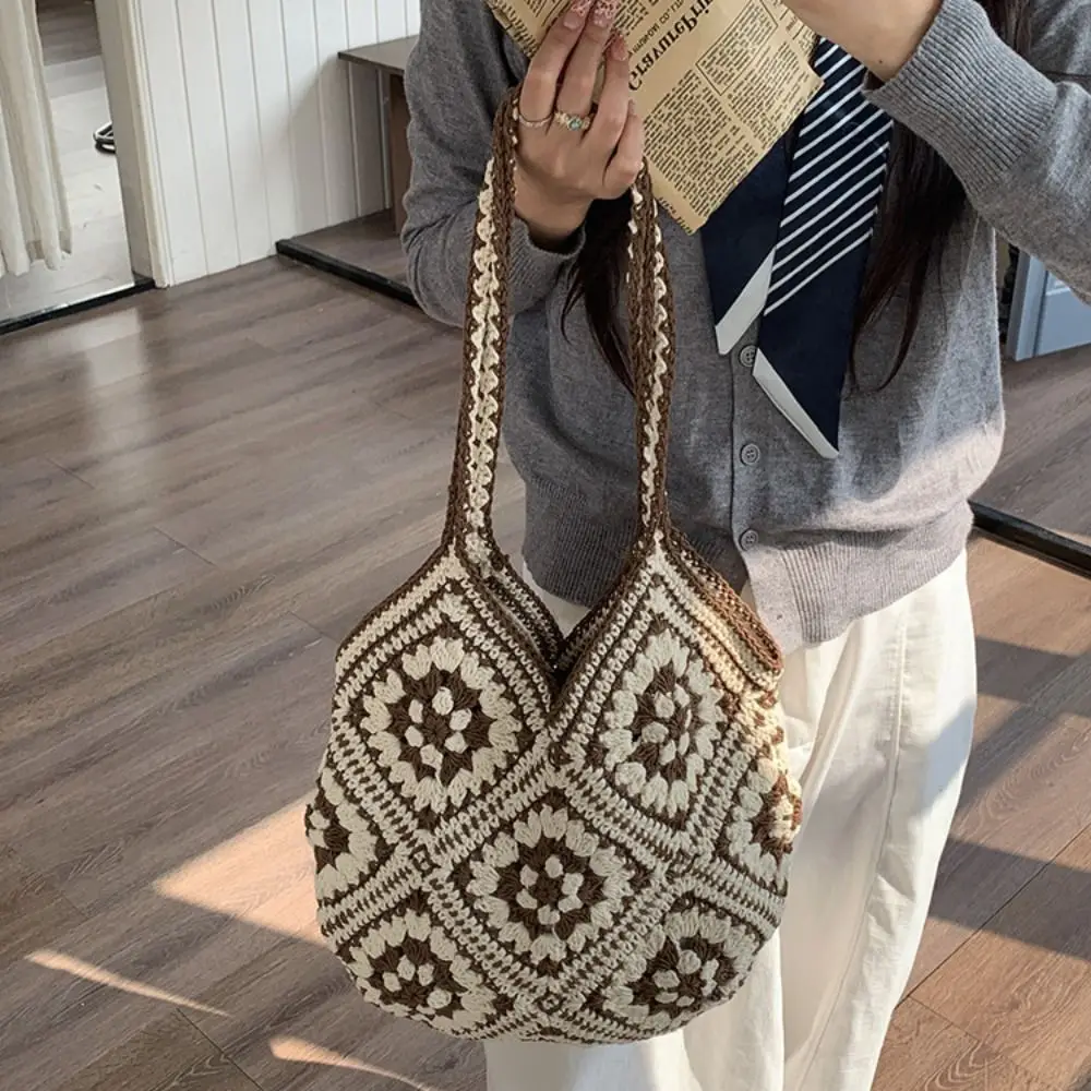 

Повседневная вязаная сумка-тоут в богемном стиле, большая вместимость, этнический стиль, ажурная сумка, пляжная сумка через плечо для девушки