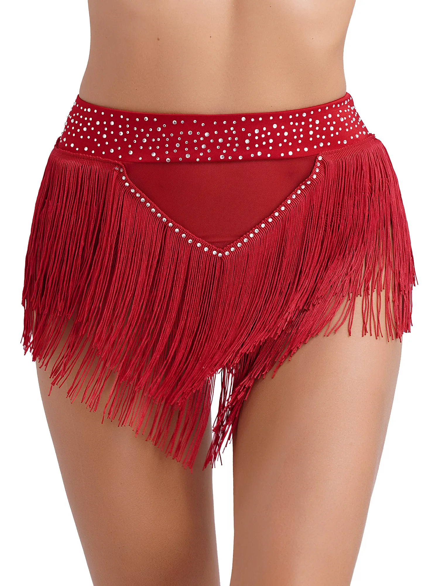 Women Tassel Belly Dance Shorts Skirts Samba Fringe Latin Rumba Samba Tango Dancewear Shiny Rhinestone See Through Mesh Bottoms