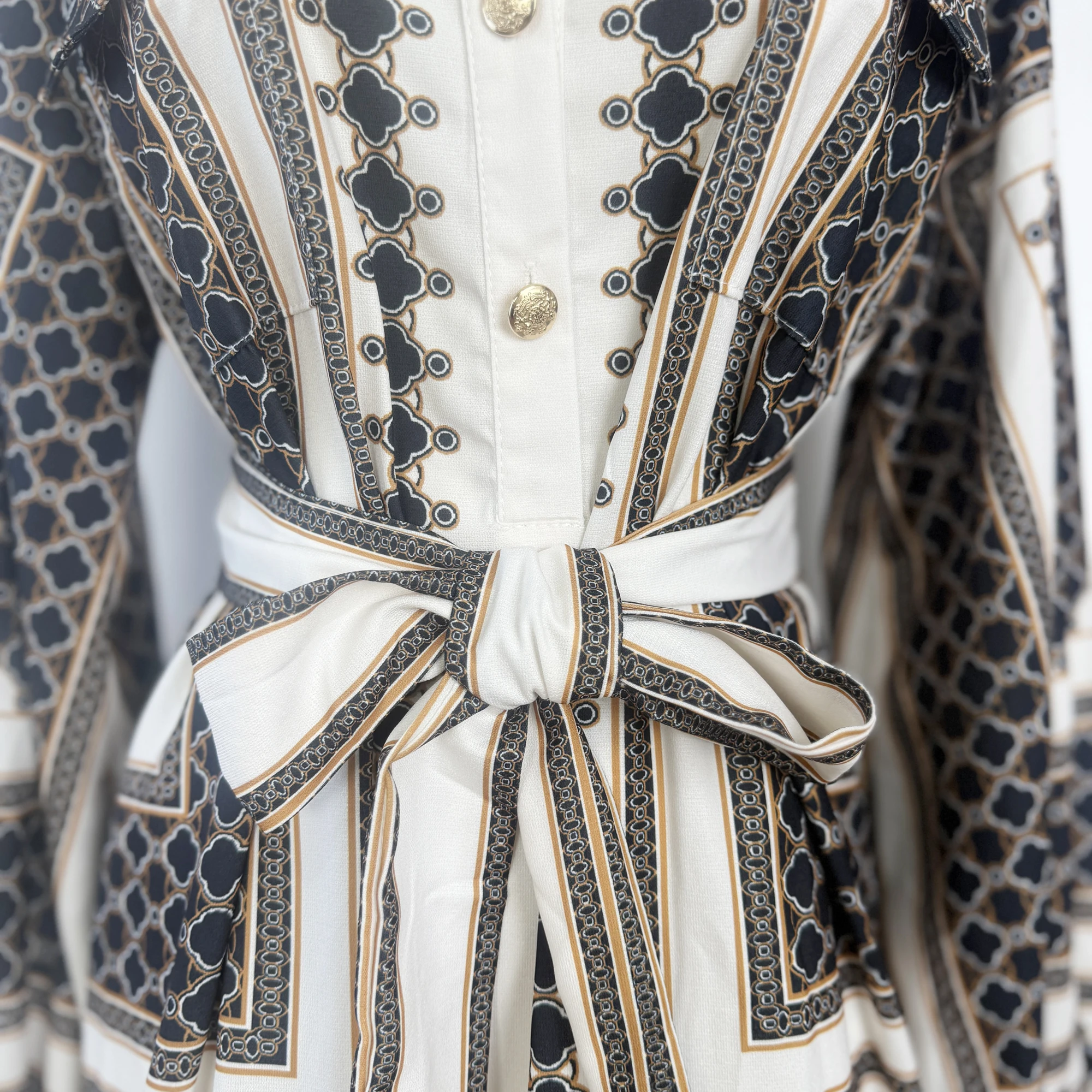  Bla Geometric Print Silk Scarf Dr irt Skirt High-End Autumn New Sle Printed Midi Dr with Lantern Sves