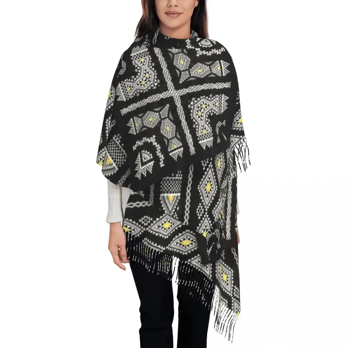 Stijlvolle Kabyl Amazigh Tapijt Kwastje Sjaal Vrouwen Winter Herfst Warm Sjaal Wrap Lady Afrika Berber Etnische Geometrische Sjaals