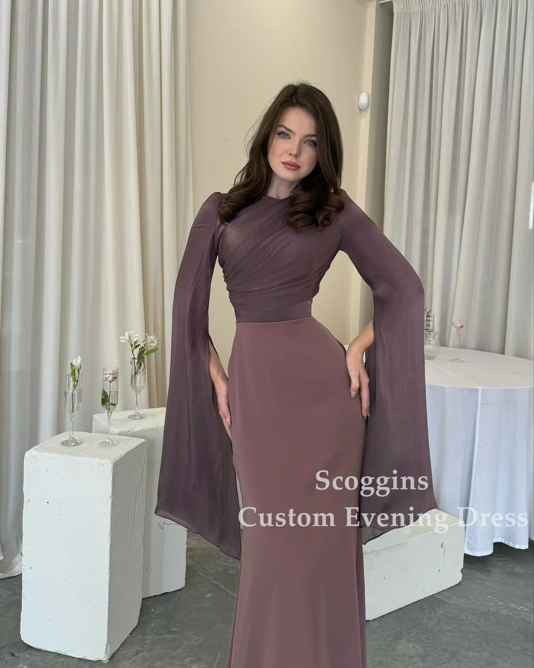 Long Dark Burgundy Gothic Fishtail Dress Evening Gown Solid Flounce Sleeve Bodycon Dress Formal Occasion Dresses Long Dresses