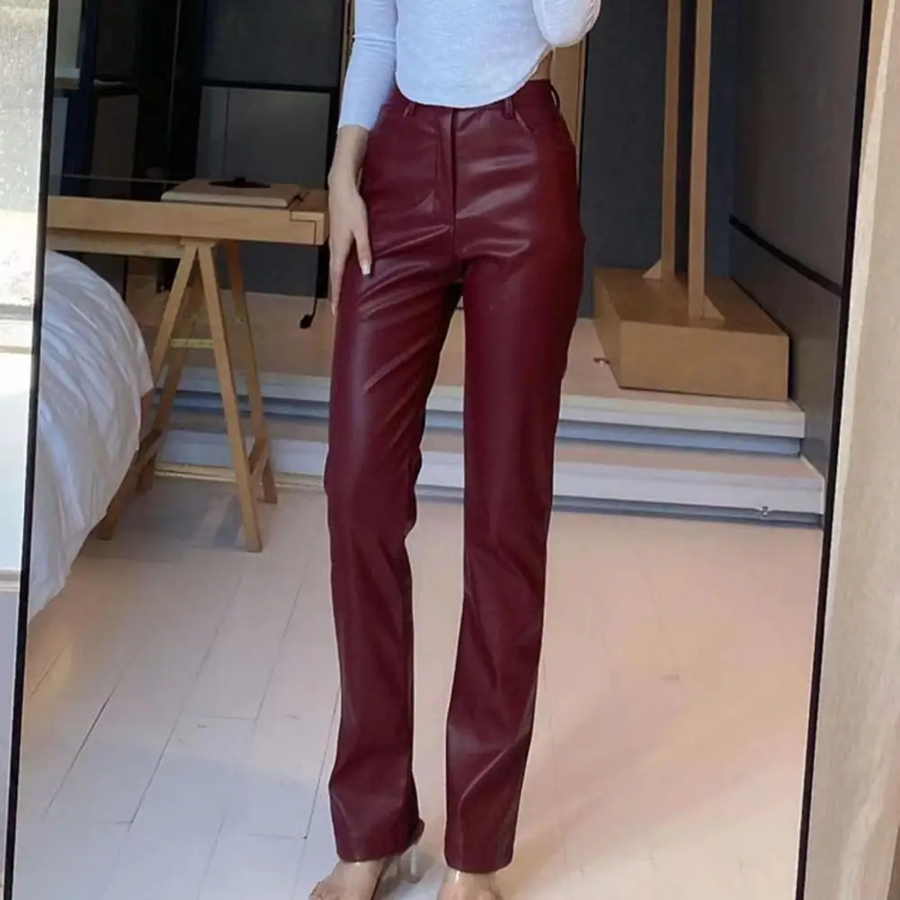 Women Leather Pants High Waist Straight Slimming Solid Color Casual Party Fall Trousers Spring Autumn Clothes