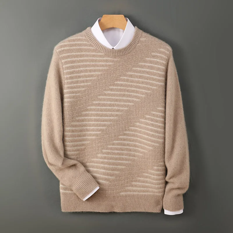 

100% Merino Wool Sweater Men's O-neck Jacquard Stripe Pullover Autumn Winter Smart Casual Long Sleeve Jumper Cashmere Thick Top
