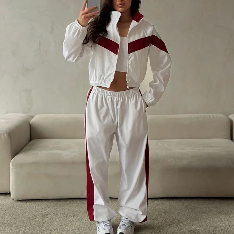 Color Blocking Loose Sports Two Piece Stand Collar Zipper Coat + Wide Leg Pants Casual Suit Fashion High Street Autumn Outfit